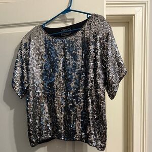 Sequin Silver Short Sleeve Top     100% Silk